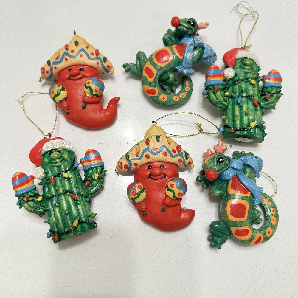 Christmas Saguaro Cactus Pepper Lizard Tree Ornaments Southwest Holiday Set Of 6